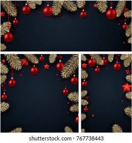 Black backgrounds set with fir branches, red Christmas balls and stars. Vector illustration.
