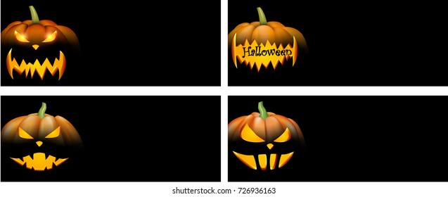 Black backgrounds set with orange luminous halloween pumpkin. Vector illustration.