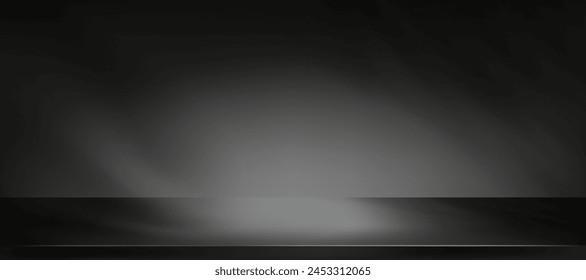 Black Background,Studio Room with Spot Light on Floor,Studio Room with Light on Metallic Stainless Steel Counter top, Metal shelf texture with light reflect,Vector Kitchen Display mockup table top