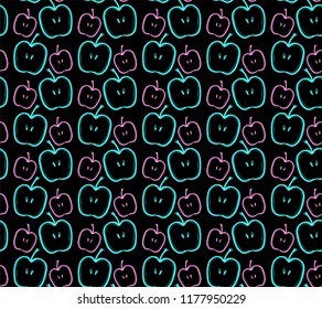 Black backgtound with colorful hand drawn apples.Seamless pattern.To be used for wallpaper children room and design textile.Print for t shirt.Black background with fluoresent fruits