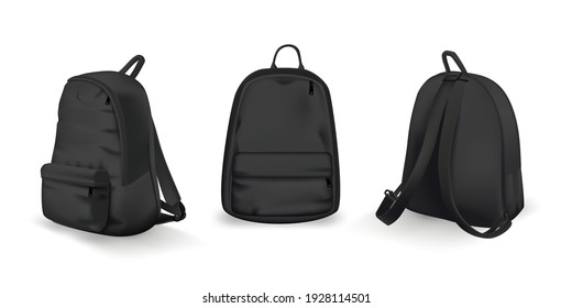 Black backpack design front, back and side view set. College or school rucksack mockup vector illustration. Realistic youth pack of fabric for study or sport with shadows isolated on white background.