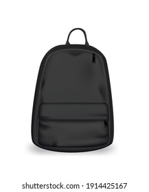 Black backpack design front view. College or school rucksack mockup vector illustration. Realistic youth pack of fabric for study or sport with shadow.