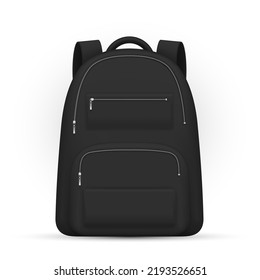 Black backpack design with metallic silver zip and pockets front view realistic vector illustration. College school rucksack pack of fabric for study sport carrying things on back with handles