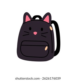 Black backpack designed with cat ears and embroidered face, fun and cute for children