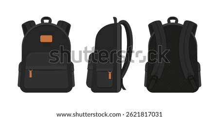 Black backpack in front, side, and back views. Back to school, education, travel, and urban lifestyle bag concept. Flat vector illustration isolated on white background.