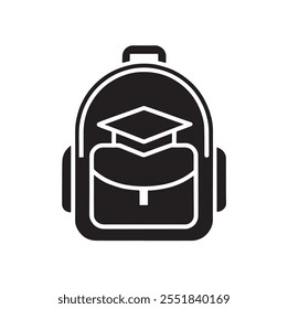 A black backpack with a graduation cap on it