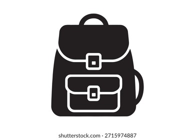 Icono negro de la mochila con la solapa y los bolsillos para el viaje o el uso escolar