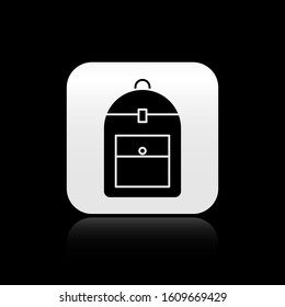 Black Backpack icon isolated on black background. Silver square button. Vector Illustration