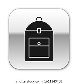 Black Backpack icon isolated on white background. Silver square button. Vector Illustration