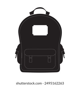 Una silueta de mochila negra con un bolsillo delantero y bolsillos laterales. Ideal para su uso en Materiales promocionales, publicidad e ilustraciones de productos.