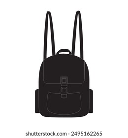 Una silueta de mochila negra con un bolsillo delantero y bolsillos laterales. Ideal para su uso en Materiales promocionales, publicidad e ilustraciones de productos.