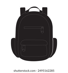 Una silueta de mochila negra con un bolsillo delantero y bolsillos laterales. Ideal para su uso en Materiales promocionales, publicidad e ilustraciones de productos.