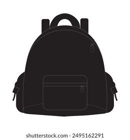 Una silueta de mochila negra con un bolsillo delantero y bolsillos laterales. Ideal para su uso en Materiales promocionales, publicidad e ilustraciones de productos.