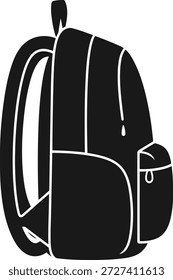 Una mochila negra con un contorno blanco y detalles internos se muestra sobre un fondo blanco. La ilustración gráfica representa una mochila simple con correas y bolsillos.