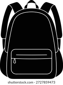 Uma mochila preta com um contorno branco é mostrada na frente. Possui duas tiras de ombro, um compartimento principal e um bolso frontal com zíper com uma presilha em forma de lágrima.