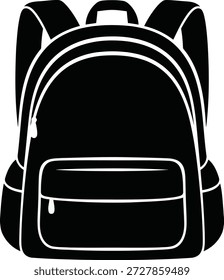 A black backpack with a white outline is shown against a white background. It features a main compartment, a front pocket with a zipper detail, and shoulder straps.