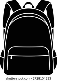 Una mochila negra con un contorno blanco se muestra desde el frente. Cuenta con correas para los hombros, un asa superior y un bolsillo frontal con cremallera.