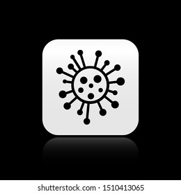 Black Bacteria icon isolated on black background. Bacteria and germs, microorganism disease causing, cell cancer, microbe, virus, fungi. Silver square button. Vector Illustration