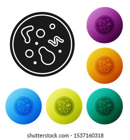 Black Bacteria icon isolated on white background. Bacteria and germs, microorganism disease causing, cell cancer, microbe, virus, fungi. Set icons colorful circle buttons. Vector Illustration