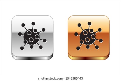 Black Bacteria icon isolated on white background. Bacteria and germs, microorganism disease causing, cell cancer, microbe, virus, fungi. Silver-gold square button. Vector Illustration