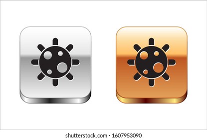 Black Bacteria icon isolated on white background. Bacteria and germs, microorganism disease causing, cell cancer, microbe, virus, fungi. Silver-gold square button. Vector Illustration