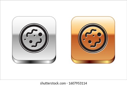 Black Bacteria icon isolated on white background. Bacteria and germs, microorganism disease causing, cell cancer, microbe, virus, fungi. Silver-gold square button. Vector Illustration