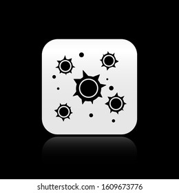 Black Bacteria icon isolated on black background. Bacteria and germs, microorganism disease causing, cell cancer, microbe, virus, fungi. Silver square button. Vector Illustration