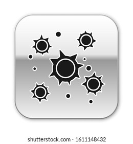 Black Bacteria icon isolated on white background. Bacteria and germs, microorganism disease causing, cell cancer, microbe, virus, fungi. Silver square button. Vector Illustration