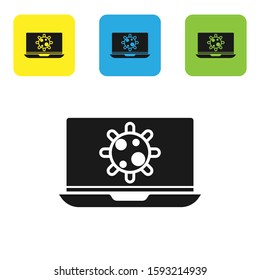 Black Bacteria on laptop icon isolated on white background. Bacteria and germs, cell cancer, microbe, virus, fungi. Set icons colorful square buttons. Vector Illustration