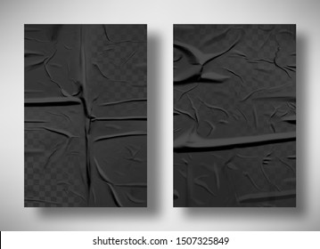 Black bad glued paper realistic vector illustration. Set of wet wrinkled and creased paper sheets with crumpled texture, blank posters glued to street wall or advertising column, mock up for design