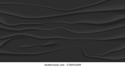 Black bad glued paper. Wet wrinkled and creased paper sheet with crumpled texture. Perfect for design web page backgrounds, posters mockup. Realistic vector illustration