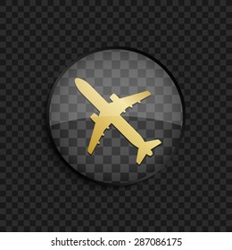 Black badge with gold airplane silhouette on square background 
