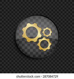 Black badge with gold different size gears silhouette on square background 