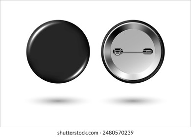 Black badge mockup. Round badge button brooch. Realistic black blank glossy round button badge pin with metal back cover. Vector illustration.