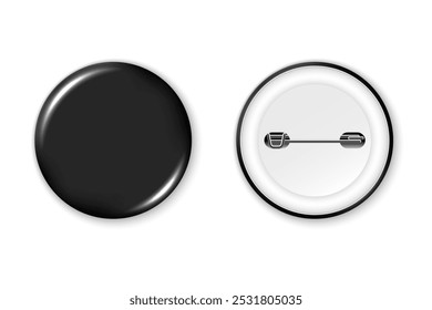 Black badge mockup. Round badge button brooch. Realistic black blank glossy round button badge pin with plastic back cover. Vector illustration.