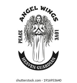 Black badge with pretty angel praying vector illustration. Vintage mythical female character with wings standing. Trust and religion concept can be used for retro template