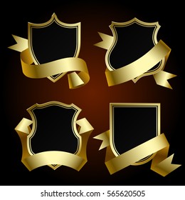 Black badge set with gold border and ribbon. Retro design elements. Vector Illustration