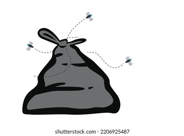 Black Bag cartoon with flies swarming around the garbage coll=k