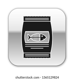 Black Bag of food for cat icon isolated on white background. Fish skeleton sign. Food for animals. Pet food package. Silver square button. Vector Illustration