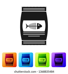 Black Bag of food for cat icon isolated on white background. Fish skeleton sign. Food for animals. Pet food package. Set icon in color square buttons. Vector Illustration