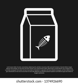 Black Bag of food for cat icon isolated on black background. Fish skeleton sign. Food for animals. Pet food package. Vector Illustration