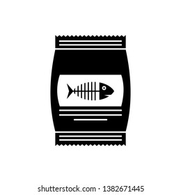 Black Bag of food for cat icon isolated. Fish skeleton sign. Food for animals. Pet food package. Vector Illustration