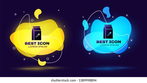 Black Bag of food for cat icon isolated on blue background. Fish skeleton sign. Food for animals. Pet food package. Set of liquid color abstract geometric shapes. Vector Illustration