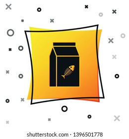 Black Bag of food for cat icon isolated on white background. Fish skeleton sign. Food for animals. Pet food package. Yellow square button. Vector Illustration