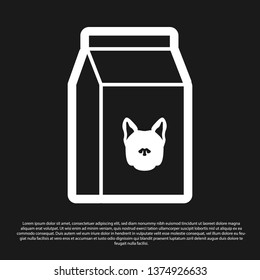 Black Bag of food for dog icon isolated on black background. Food for animals. Pet food package. Vector Illustration