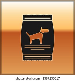 Black Bag of food for dog icon isolated on gold background. Food for animals. Pet food package. Vector Illustration