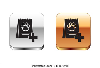 Black Bag of food for dog icon isolated on white background. Dog or cat paw print. Food for animals. Pet food package. Silver-gold square button. Vector Illustration