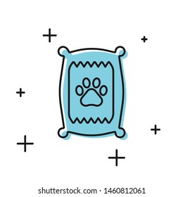 Black Bag of food for dog icon isolated on white background. Dog or cat paw print. Food for animals. Pet food package.  Vector Illustration