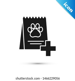 Black Bag of food for dog icon isolated on white background. Dog or cat paw print. Food for animals. Pet food package. Vector Illustration Black Bag of food for dog icon isolated on white background. Dog or cat paw print. Food for animals. Pet food package. Vector Illustration