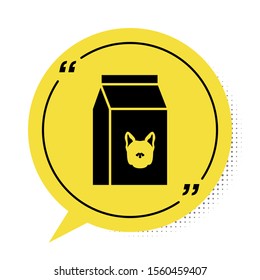 Black Bag of food for dog icon isolated on white background. Food for animals. Pet food package. Yellow speech bubble symbol. Vector Illustration